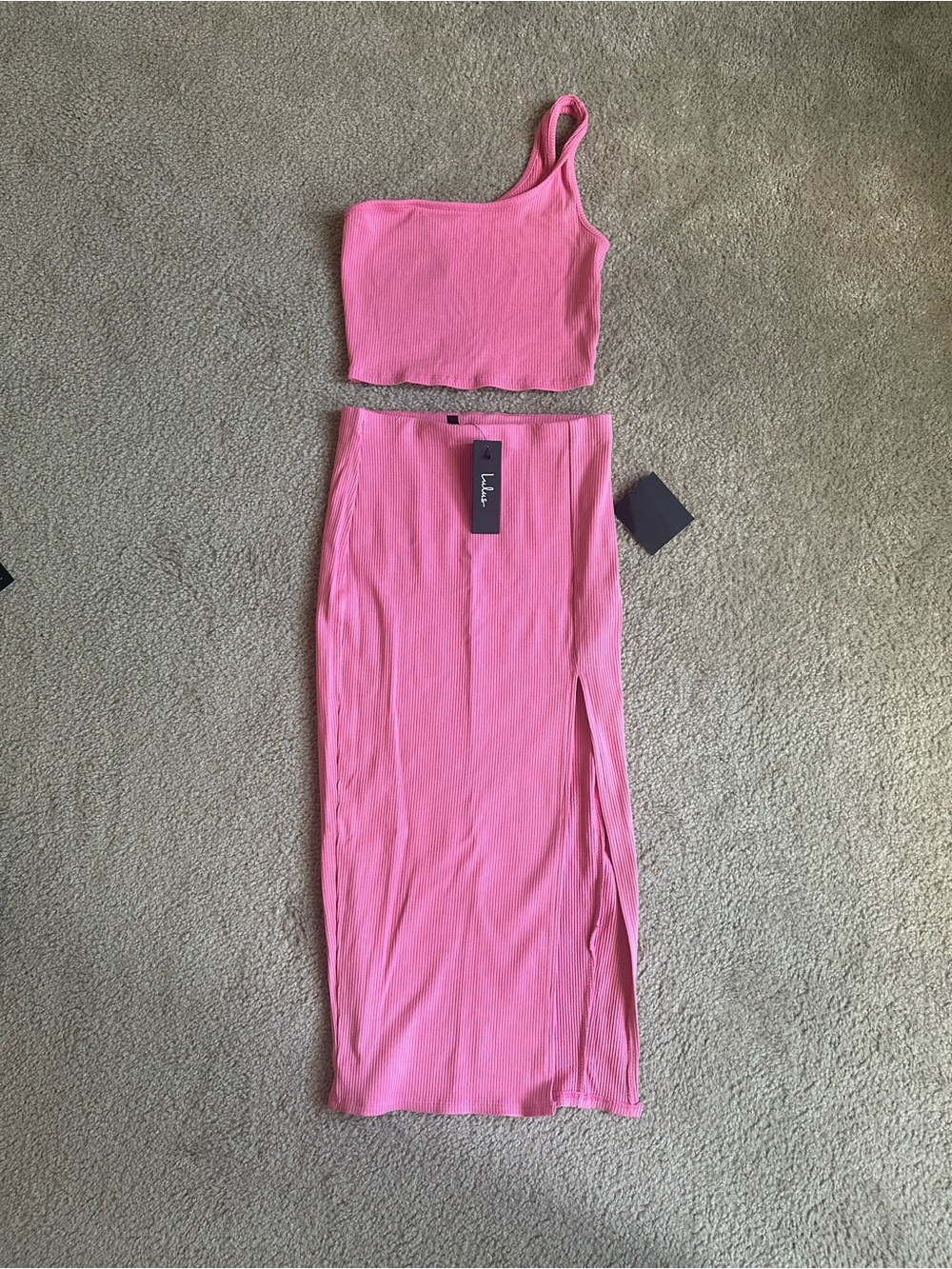 Lulu's Pink One-Shoulder Ribbed Crop Top & Slit Midi Skirt Set